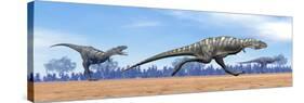 Three Aucasaurus Dinosaurs Running in the Desert-null-Stretched Canvas