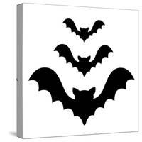 Three Bat Flying Black Silhouette Icon Set. Cute Cartoon Baby Character with Big Open Wing. Happy H-worldofvector-Stretched Canvas