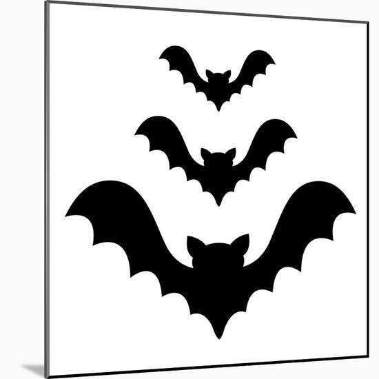 Three Bat Flying Black Silhouette Icon Set. Cute Cartoon Baby Character with Big Open Wing. Happy H-worldofvector-Mounted Photographic Print