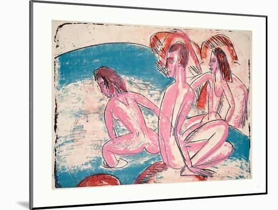 Three Bathers by Stones (Drei Badende an Steinen)-Ernst Ludwig Kirchner-Mounted Giclee Print