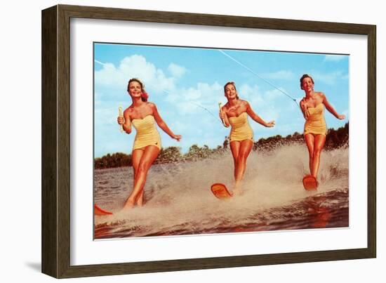 Three Bathing Beauties Waterskiing-null-Framed Art Print