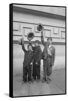 Three Boys (6-9) Wearing Fake Moustaches Waving Hats-null-Framed Stretched Canvas