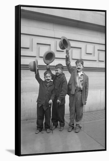 Three Boys (6-9) Wearing Fake Moustaches Waving Hats-null-Framed Stretched Canvas