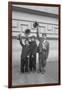 Three Boys (6-9) Wearing Fake Moustaches Waving Hats-null-Framed Photographic Print