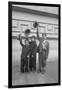 Three Boys (6-9) Wearing Fake Moustaches Waving Hats-null-Framed Photographic Print