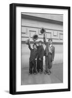 Three Boys (6-9) Wearing Fake Moustaches Waving Hats-null-Framed Photographic Print