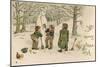 Three Boys Build a Snowman the Woods-null-Mounted Art Print