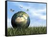 Three Butterflies Flying around Earth Globe-null-Framed Stretched Canvas