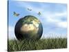 Three Butterflies Flying around Earth Globe-null-Stretched Canvas