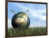 Three Butterflies Flying around Earth Globe-null-Framed Art Print