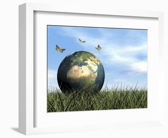 Three Butterflies Flying around Earth Globe-null-Framed Art Print