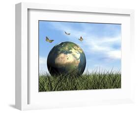 Three Butterflies Flying around Earth Globe-null-Framed Art Print