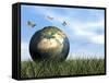 Three Butterflies Flying around Earth Globe-null-Framed Stretched Canvas