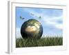 Three Butterflies Flying around Earth Globe-null-Framed Art Print