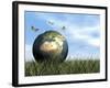 Three Butterflies Flying around Earth Globe-null-Framed Art Print