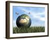 Three Butterflies Flying around Earth Globe-null-Framed Art Print