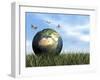 Three Butterflies Flying around Earth Globe-null-Framed Art Print