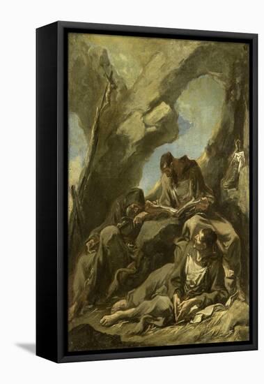 Three Capuchin Monks Meditating in Prayer before a Crucifix in a Cave-Alessandro Magnasco-Framed Stretched Canvas