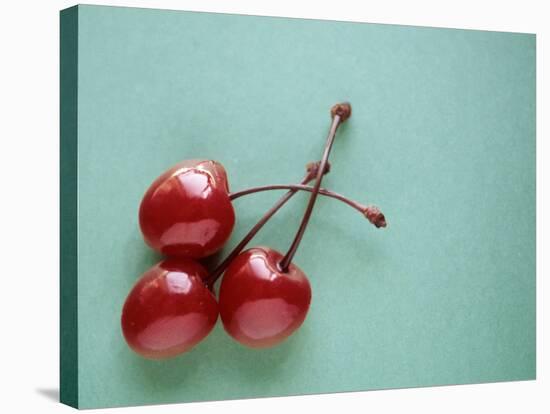 Three Cherries on a Green Background-Karen M^ Romanko-Stretched Canvas