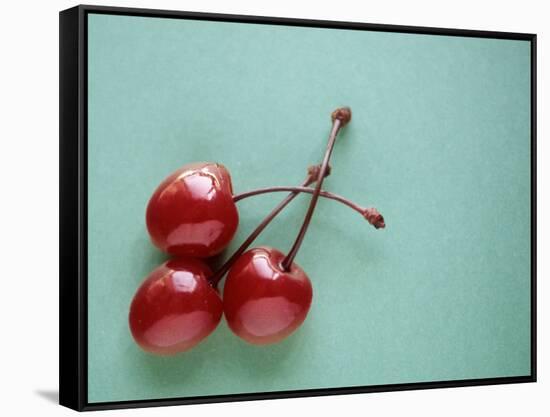 Three Cherries on a Green Background-Karen M^ Romanko-Framed Stretched Canvas