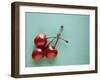 Three Cherries on a Green Background-Karen M^ Romanko-Framed Premium Photographic Print