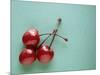 Three Cherries on a Green Background-Karen M^ Romanko-Mounted Photographic Print