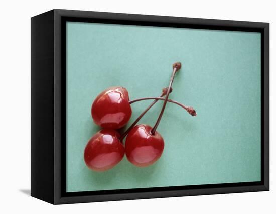 Three Cherries on a Green Background-Karen M^ Romanko-Framed Stretched Canvas