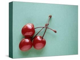 Three Cherries on a Green Background-Karen M^ Romanko-Stretched Canvas