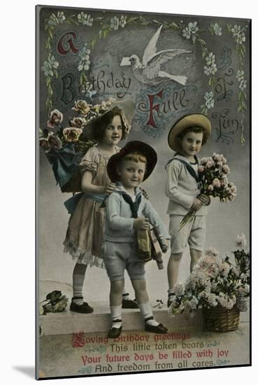 Three Children Bringing Birthday Flowers-null-Mounted Art Print