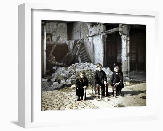 Three Children Playing with Bowling Pins at the Place Drouet d'Erlon, Reims, Marne, France, 1917-Fernand Cuville-Framed Giclee Print