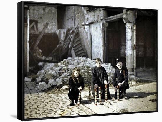 Three Children Playing with Bowling Pins at the Place Drouet d'Erlon, Reims, Marne, France, 1917-Fernand Cuville-Framed Stretched Canvas