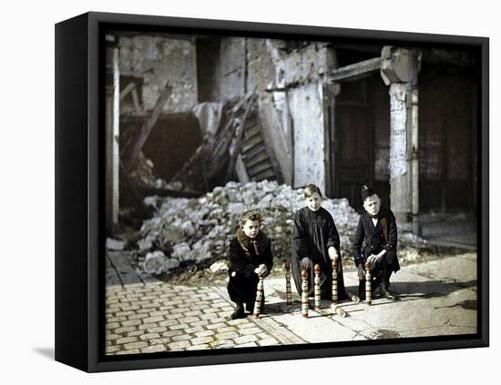 Three Children Playing with Bowling Pins at the Place Drouet d'Erlon, Reims, Marne, France, 1917-Fernand Cuville-Framed Stretched Canvas