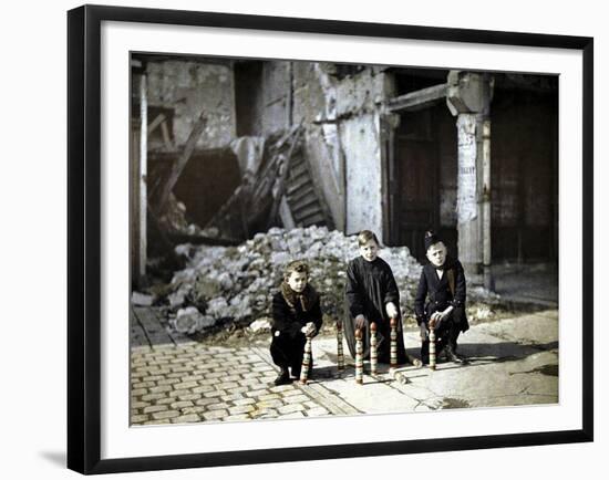 Three Children Playing with Bowling Pins at the Place Drouet d'Erlon, Reims, Marne, France, 1917-Fernand Cuville-Framed Giclee Print