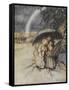 Three Children Sheltering Under an Umbrella With a Rainbow. 'Rain Rain, Go To Spain.'-Arthur Rackham-Framed Stretched Canvas