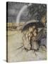 Three Children Sheltering Under an Umbrella With a Rainbow. 'Rain Rain, Go To Spain.'-Arthur Rackham-Stretched Canvas