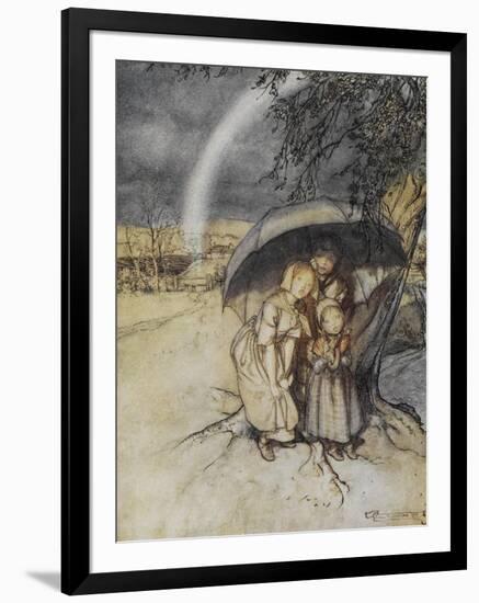 Three Children Sheltering Under an Umbrella With a Rainbow. 'Rain Rain, Go To Spain.'-Arthur Rackham-Framed Giclee Print