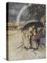 Three Children Sheltering Under an Umbrella With a Rainbow. 'Rain Rain, Go To Spain.'-Arthur Rackham-Stretched Canvas