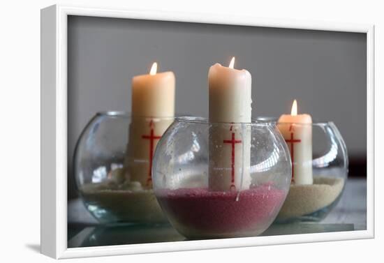 Three church candles in sand, Bussy-Saint-Georges, Seine-et-Marne, France-Godong-Framed Photographic Print