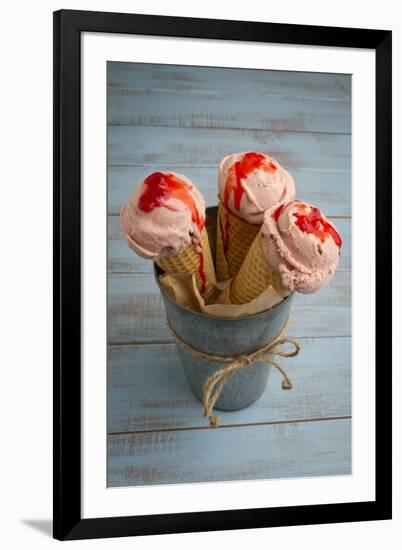 Three Cones, Each with One Scoop of Homemade Strawberry Ice Cream, Held in a Metal Container-Cynthia Classen-Framed Photographic Print