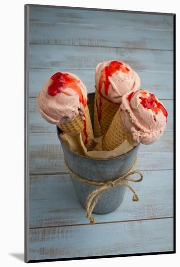 Three Cones, Each with One Scoop of Homemade Strawberry Ice Cream, Held in a Metal Container-Cynthia Classen-Mounted Photographic Print