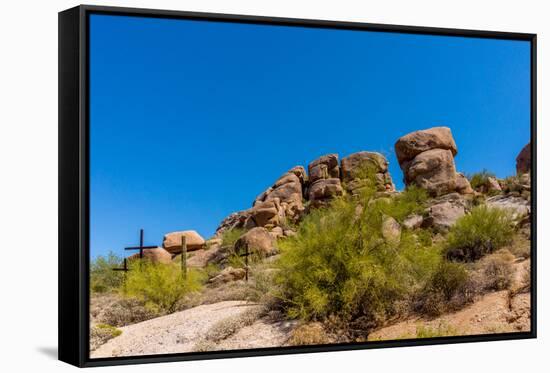 Three Crosses on a Hillside in the Arizona Desert-hpbfotos-Framed Stretched Canvas