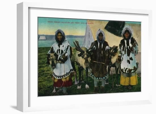 Three Eskimo Beauties and Sled Reindeer - Alaska State-Lantern Press-Framed Art Print