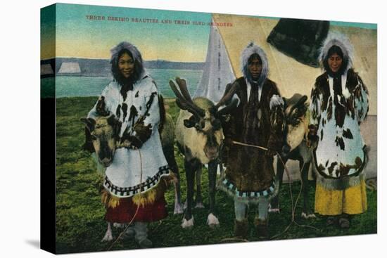 Three Eskimo Beauties and Sled Reindeer - Alaska State-Lantern Press-Stretched Canvas