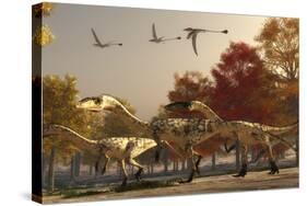 Three Eudimorphodons Fly Above a Group of Coelophysis in an Autumn Forest-Stocktrek Images-Stretched Canvas
