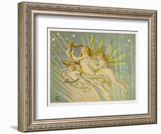 Three Fairy Musicians Wearing Sashes Fly Through the Air Making Music as They Go-Emily Gertrude Thomson-Framed Art Print