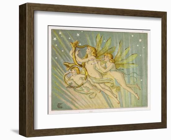 Three Fairy Musicians Wearing Sashes Fly Through the Air Making Music as They Go-Emily Gertrude Thomson-Framed Art Print