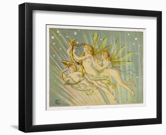 Three Fairy Musicians Wearing Sashes Fly Through the Air Making Music as They Go-Emily Gertrude Thomson-Framed Art Print