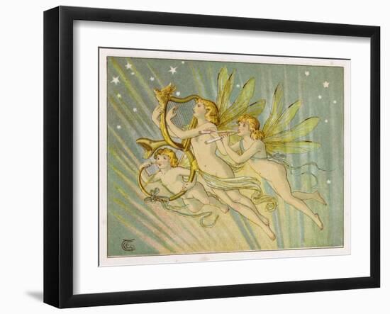 Three Fairy Musicians Wearing Sashes Fly Through the Air Making Music as They Go-Emily Gertrude Thomson-Framed Art Print