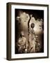 Three Female Statues with Stormy Clouds and Birds-Clive Nolan-Framed Photographic Print