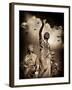 Three Female Statues with Stormy Clouds and Birds-Clive Nolan-Framed Photographic Print